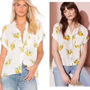 Rails Lemon Print Linen Button Down Shirt Large White Yellow Citrus Top